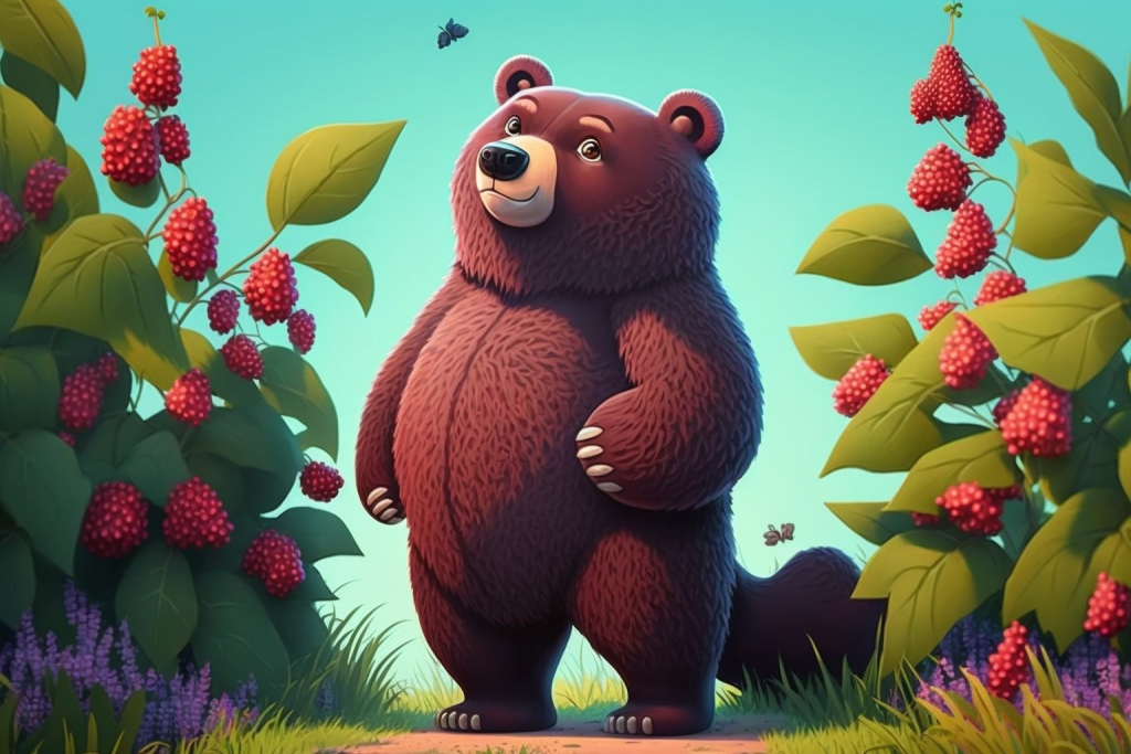 Happy cartoon bear with berry bushes.
