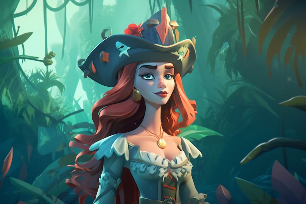 A beautiful cartoon pirate queen Seraphina with red hair.