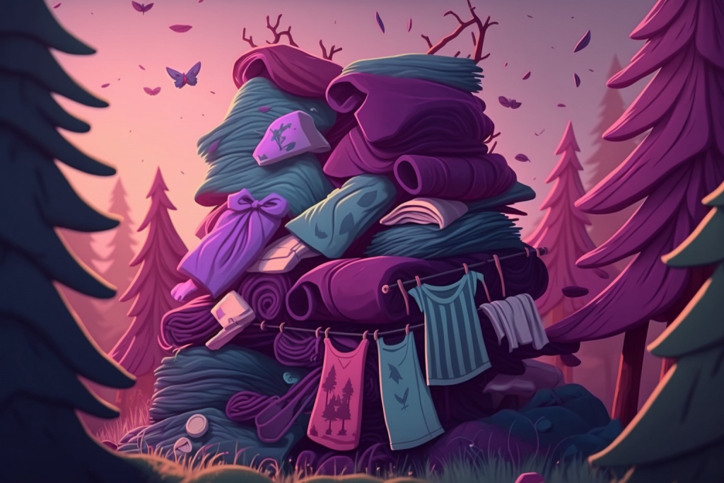 A big pile of laundry in a purple forest.