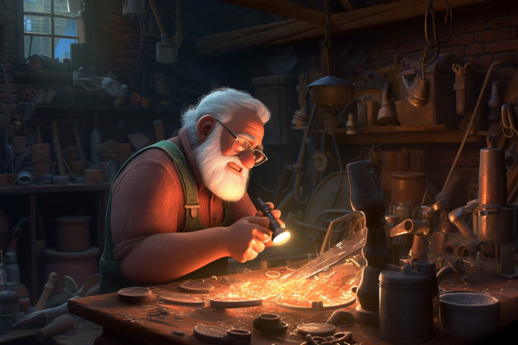 A cartoon blacksmith working in his workshop.