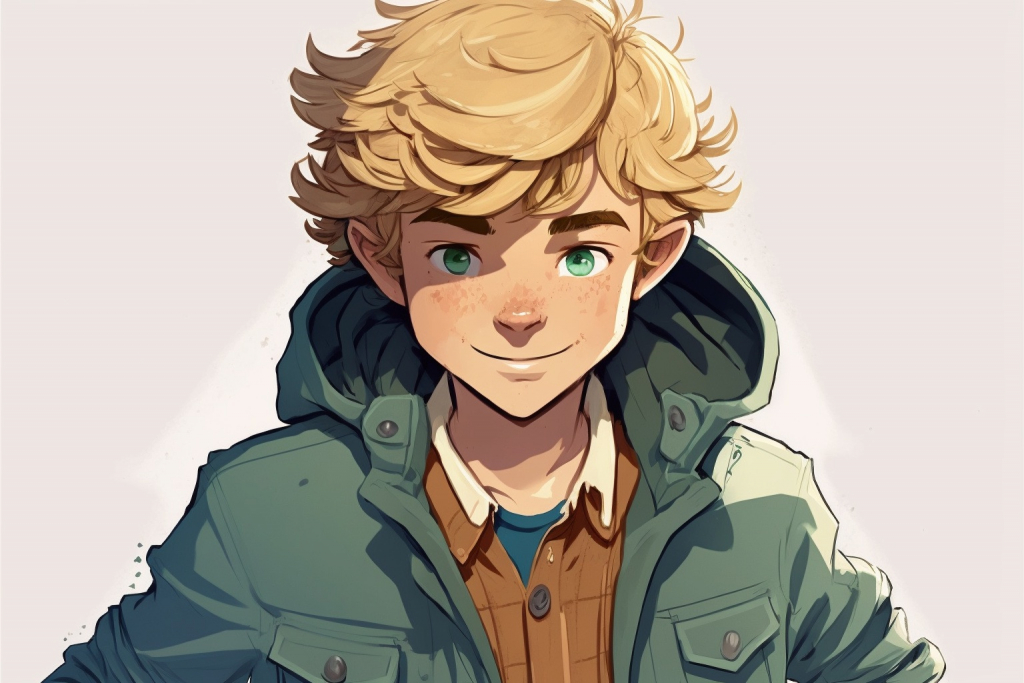 Young cartoon boy Liam with sandy blonde hair, wearing a green jacket, mischievous smile.