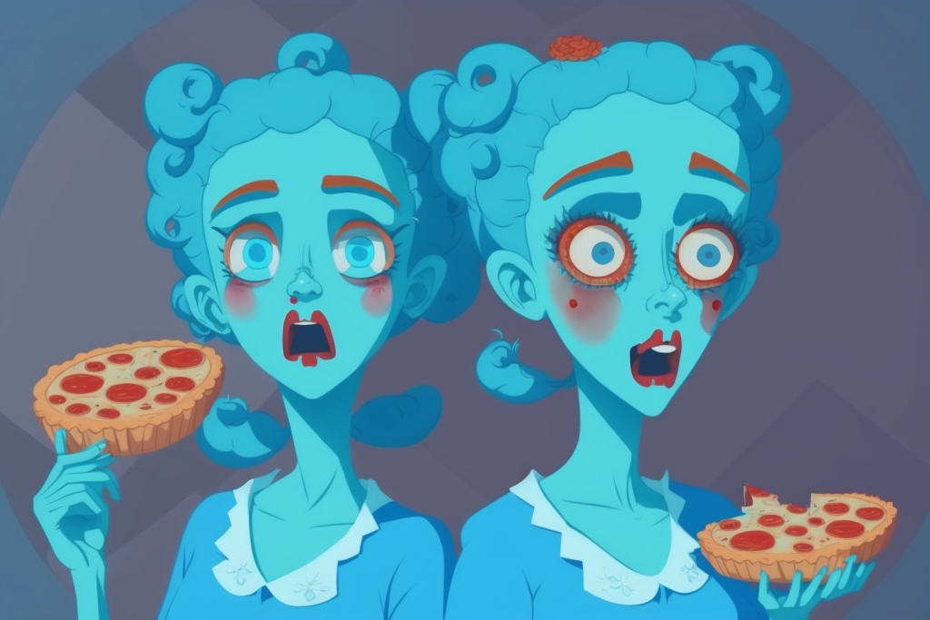 Blue cartoon sisters eating pies.