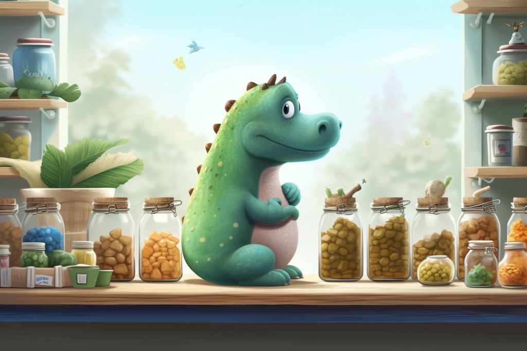 Cute brontosaurus Bronto-Brian trying to get a jar of cookies.