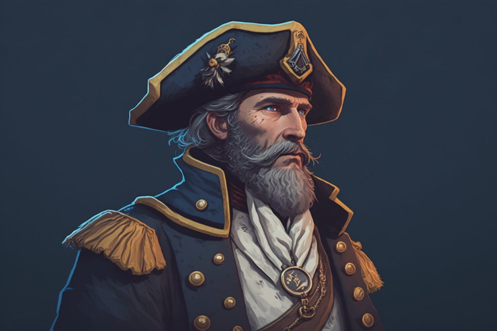 Old ship's captain Rowan with grey beard and mustache.