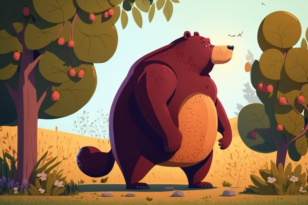 Angry cartoon bear in a forest.
