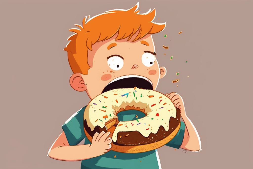A cartoon bratty young boy with ginger hair eating a big donut.