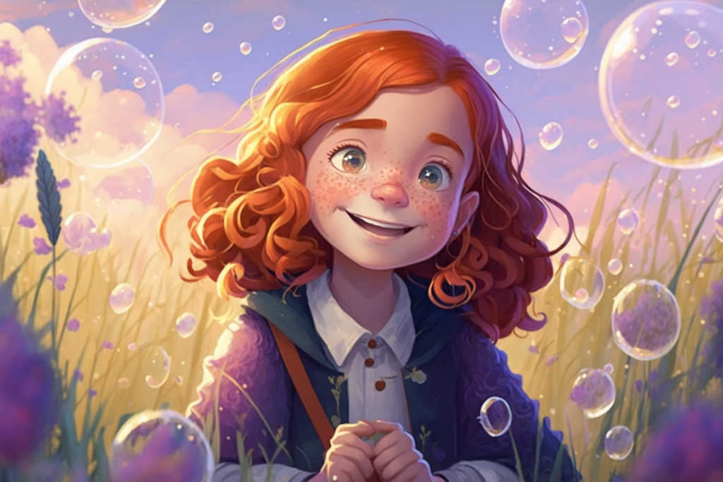 A cartoon happy young girl Wendy with red hair in a laundry land surrounded by purple bubbles.