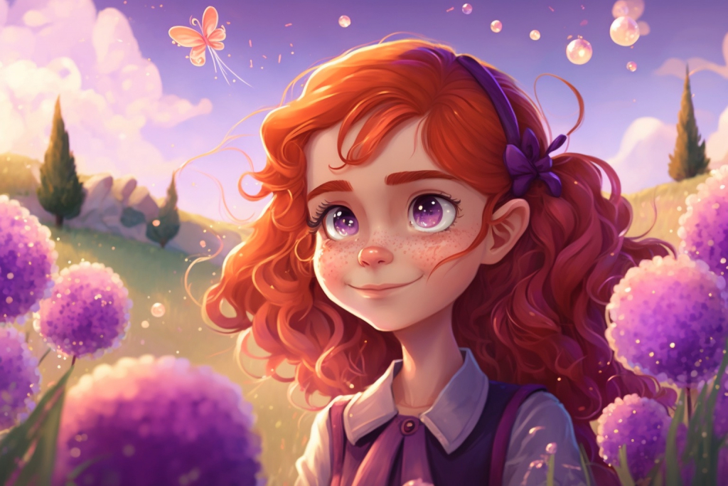 A cartoon happy young girl Wendy with red hair in a purple dreamy land.