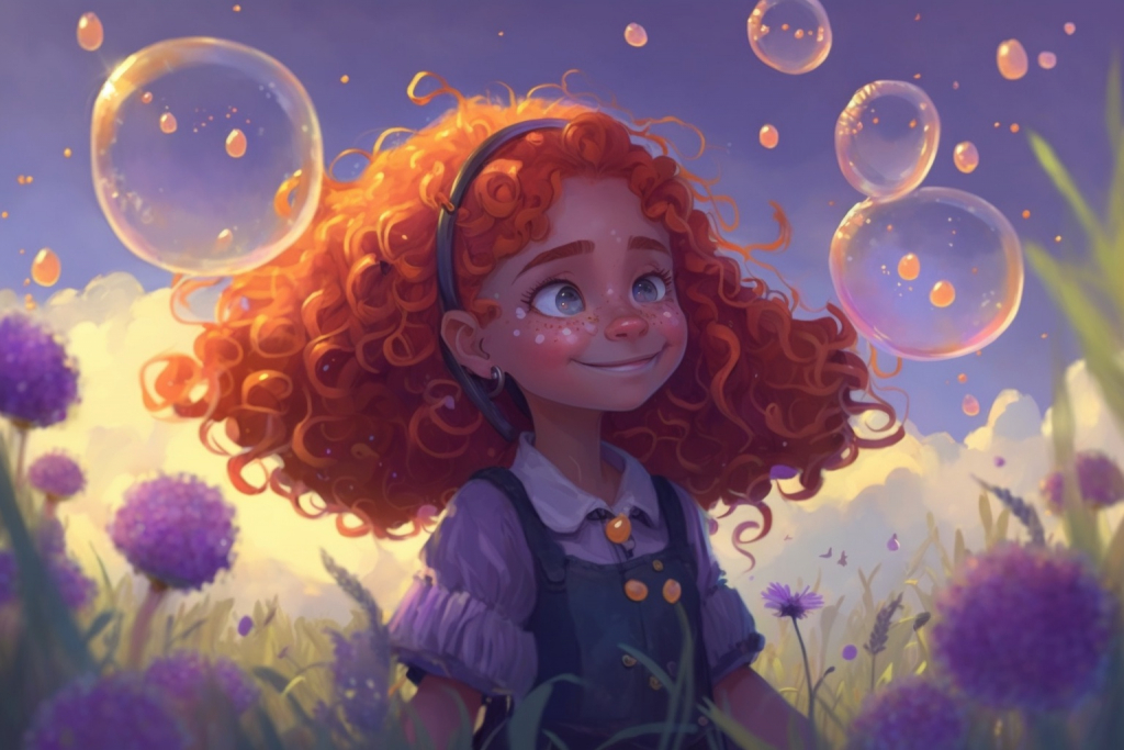 A cartoon happy young girl Wendy with red hair and bubbles in a purple dreamy land.