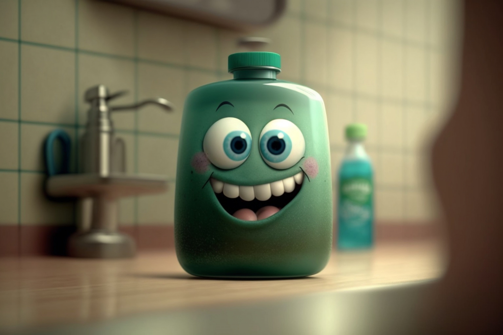 A cute cartoon bottle of green mouthwash in a bathroom.