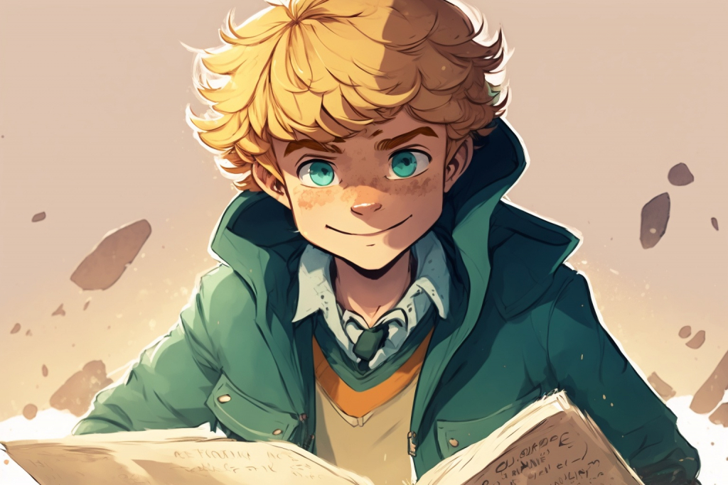 A young blonde boy Liam with an ancient map.
