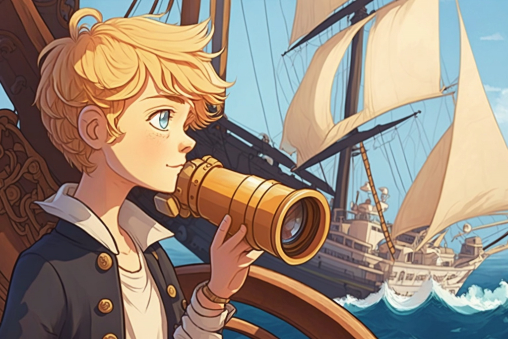 A cartoon young blonde boy Liam looking through a spyglass on a sailing ship on sea.