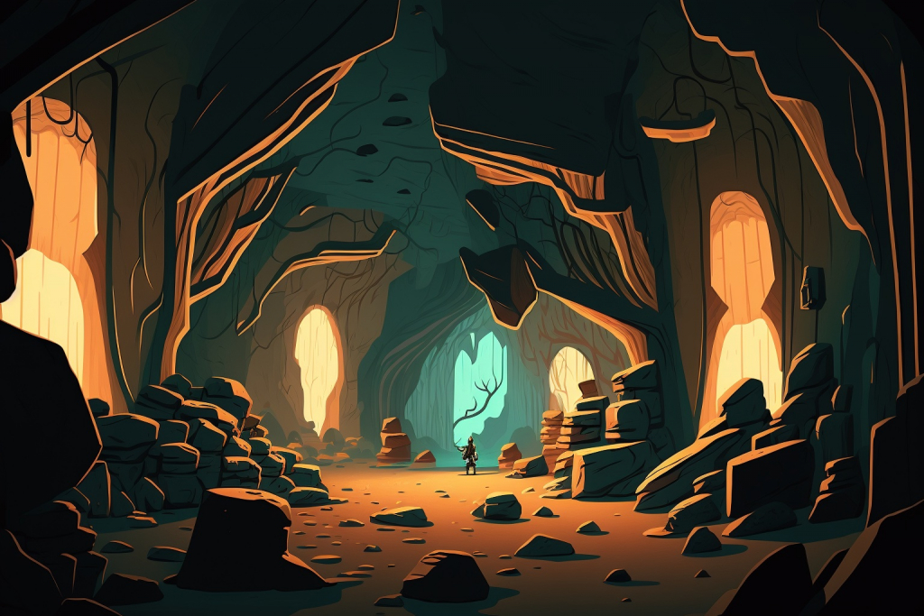 A dimly lit cavern with mirrors on the sides.