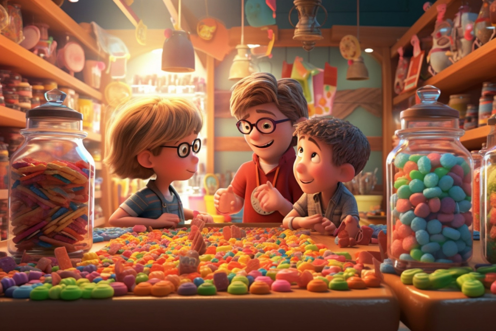 Cartoon children eating candy in a sweets shop.