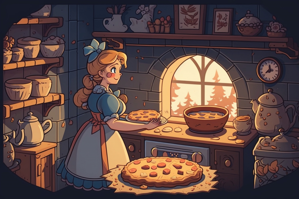Cinderella baking pies in a cute cottage.