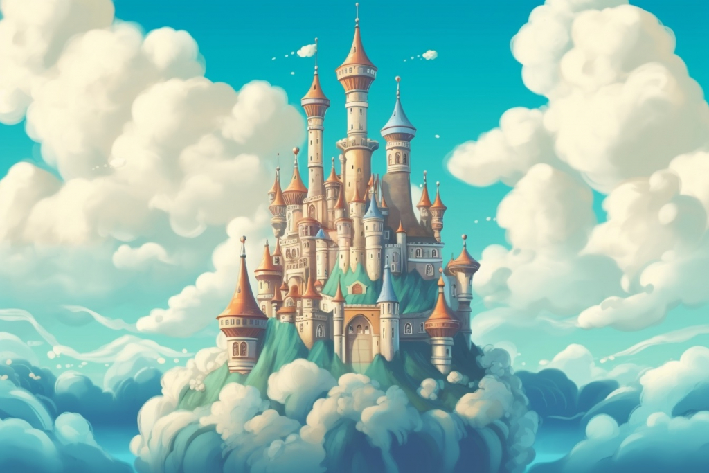 A big cartoon castle in the clouds.