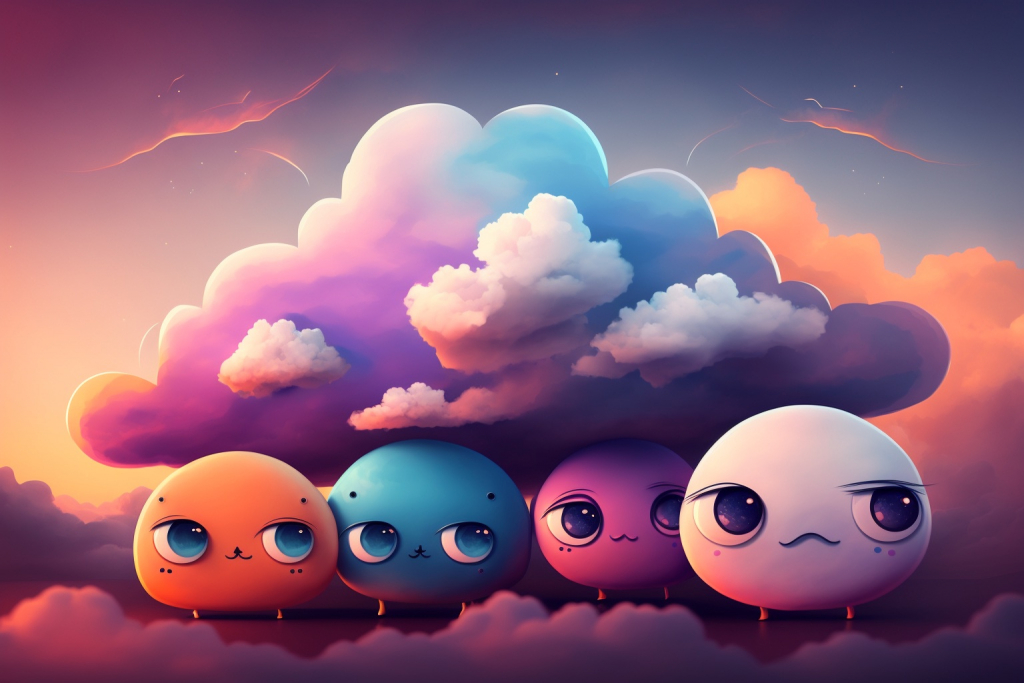 Four flat colorful cloud friends in Sunland.