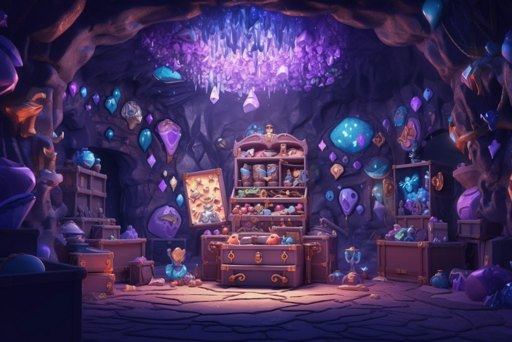 Colorful trinkets in a purple cave.