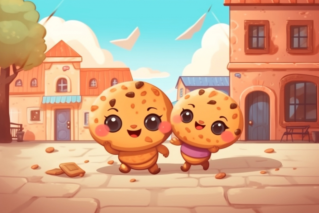 Cute cookie kids playing in a town square.
