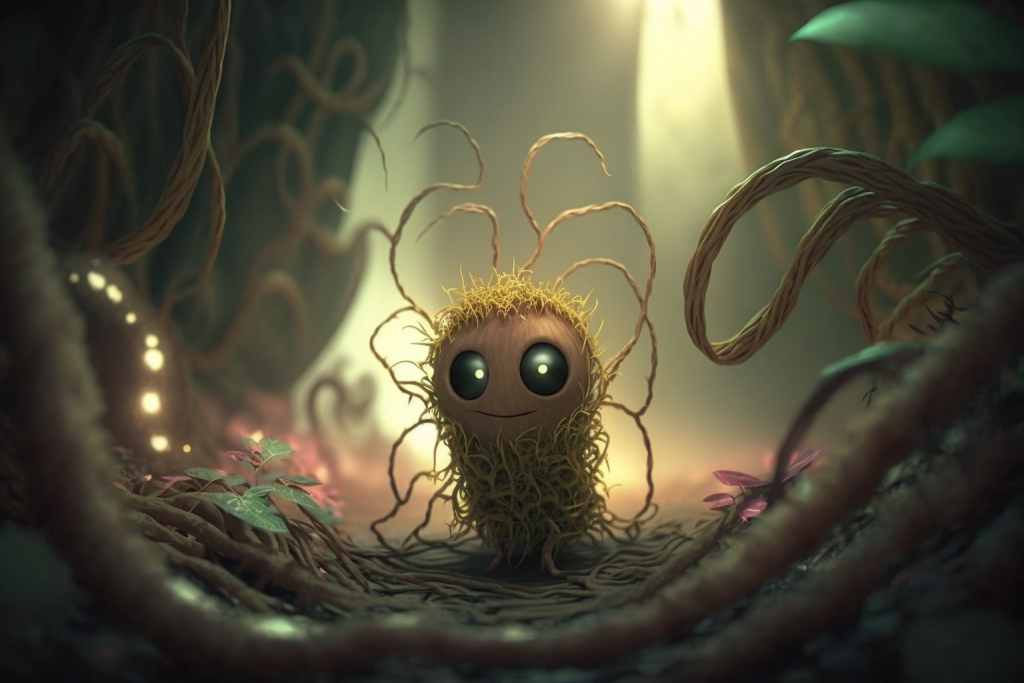 A cute creature tangled in thorns.