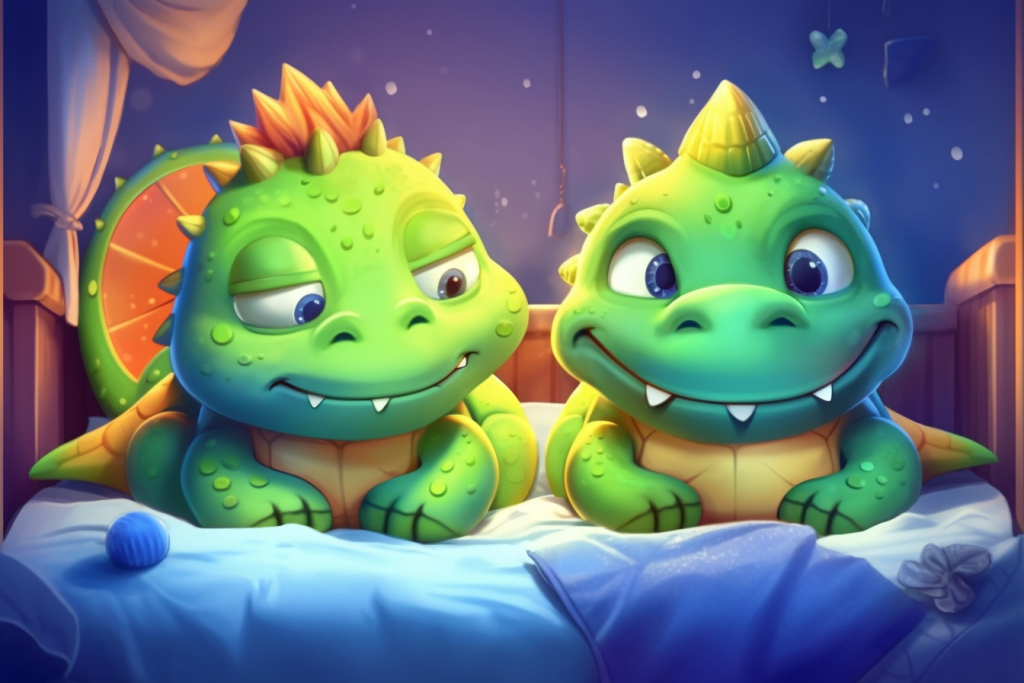 Cute little green dinosaurs in bed getting ready to sleep.