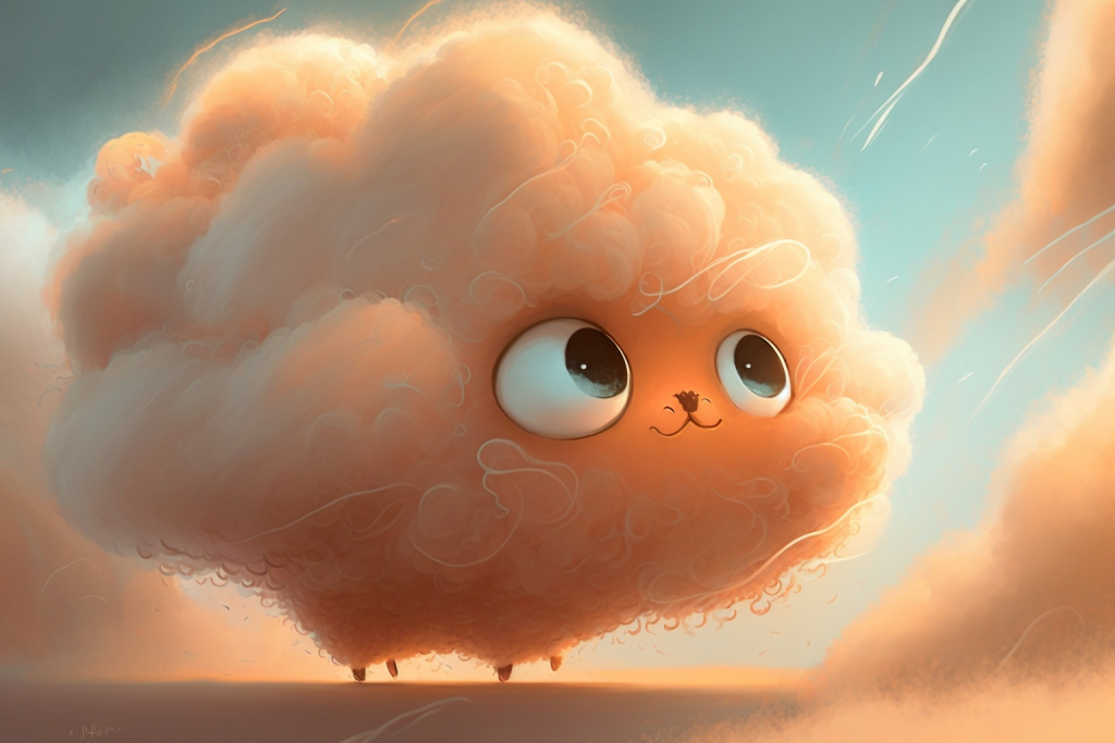 Cartoon orange fluffy cloud Cirrus with a cute smile.