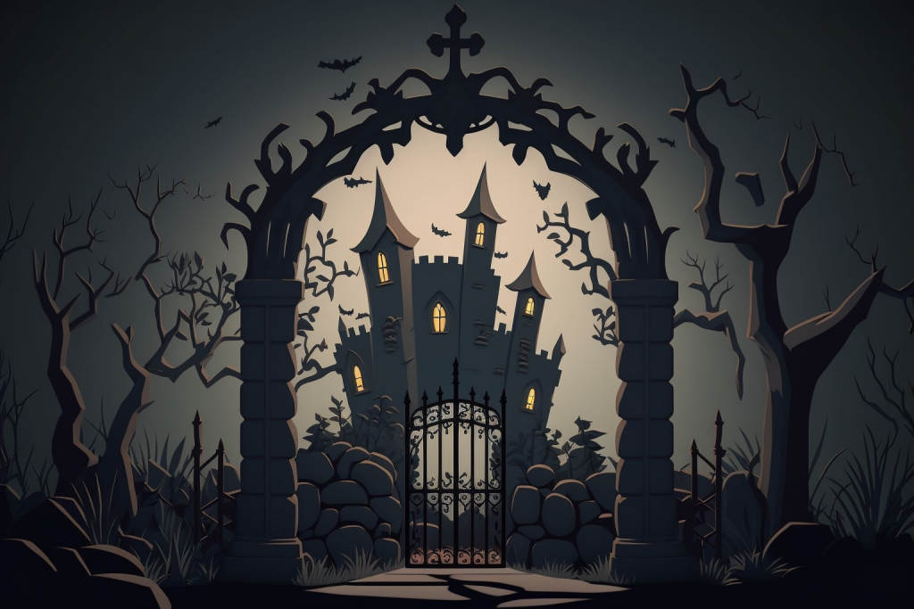 A scary gate to a dark castle.