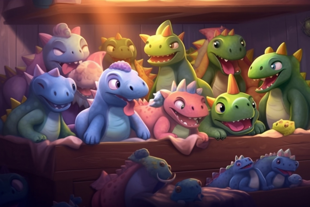 Many cute dinosaurs in bed.