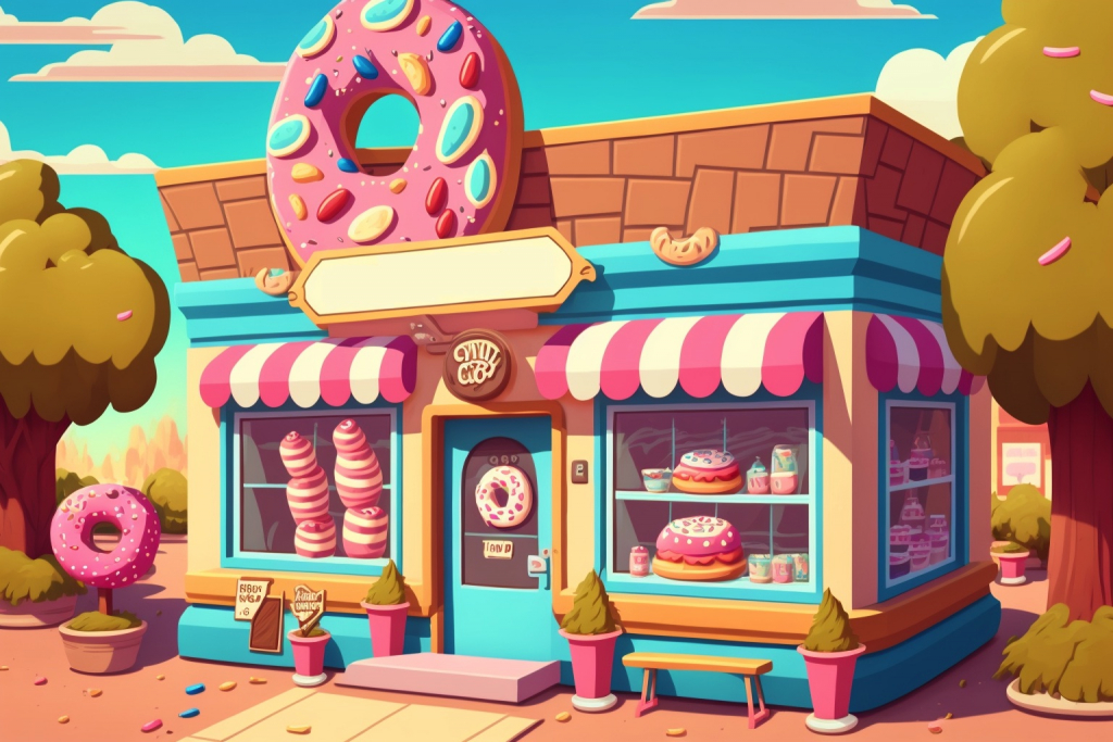 A beautiful donut shop with a big pink donut sign.