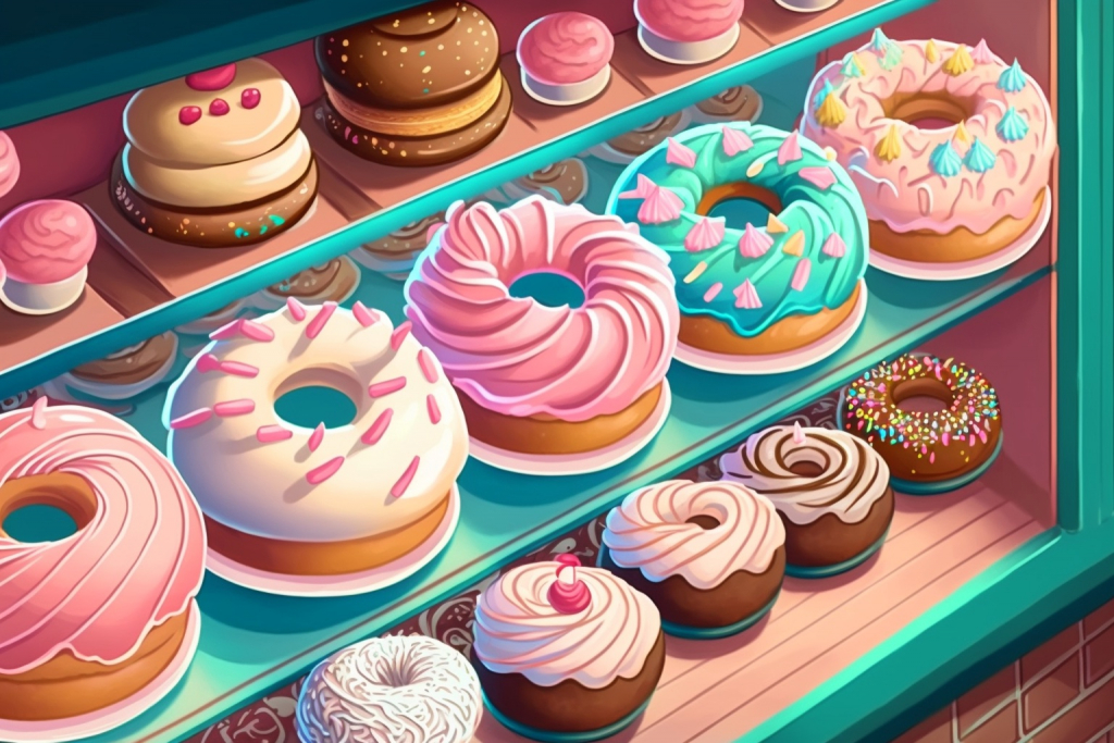 Beautifully decorated donuts in a donut shop.