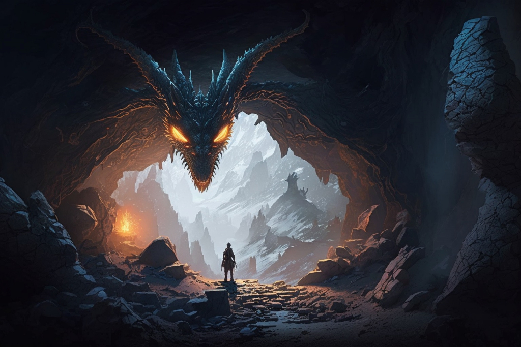 A big scary cartoon dragon guarding a cave.