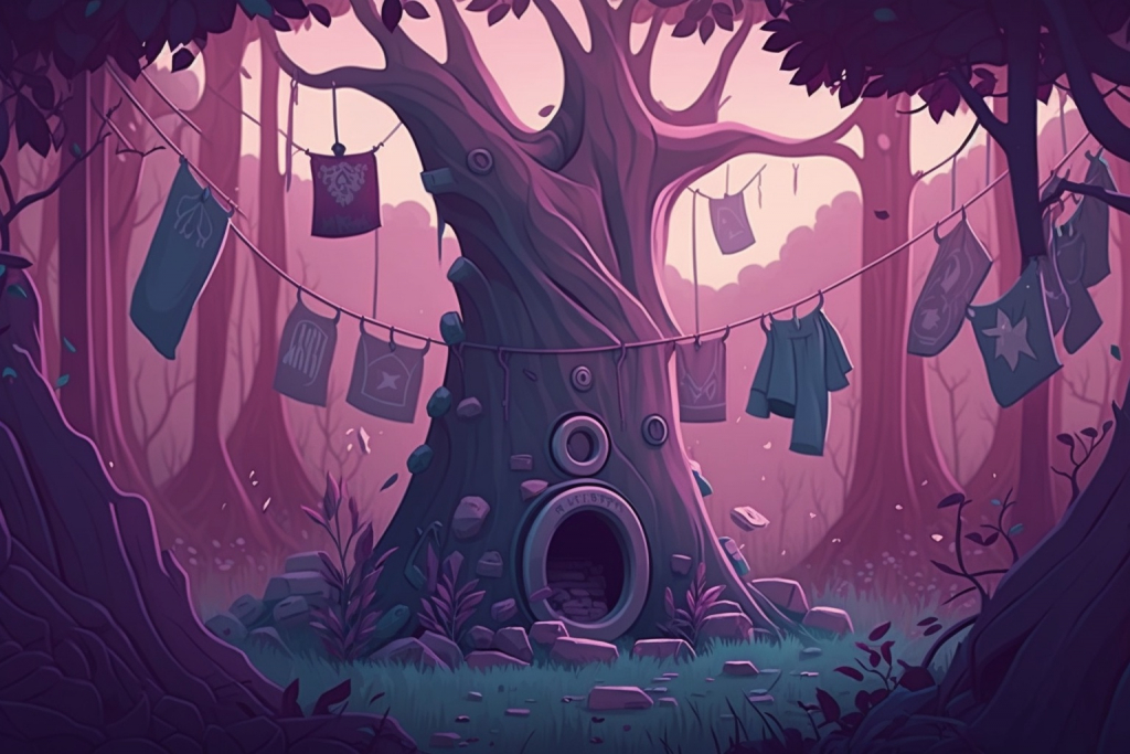 Laundry on clotheslines and a tree with an opening like a door to washing machine in a purple forest.