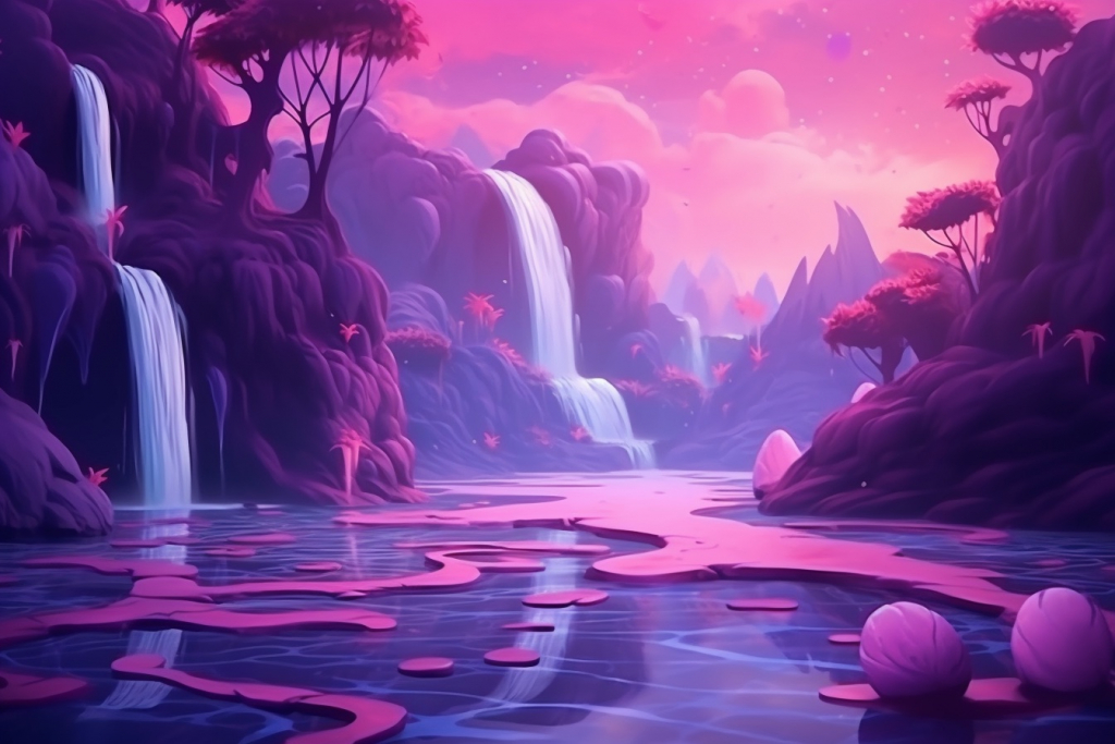 Dreamy waterfall in a purple land.