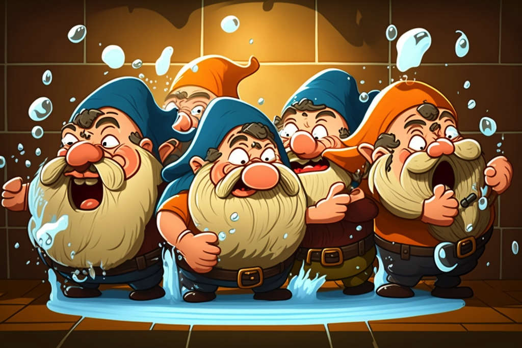 Dwarfs splashing water in their bathroom.