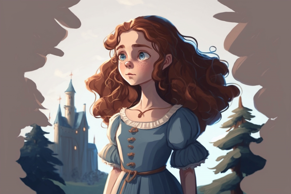 A young cartoon girl Elara with brown wavy hair and a blue simple dress in a fairytale world.