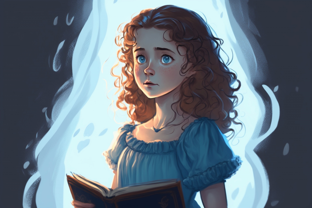A young cartoon girl Elara with brown wavy hair and a blue simple dress reading a book.