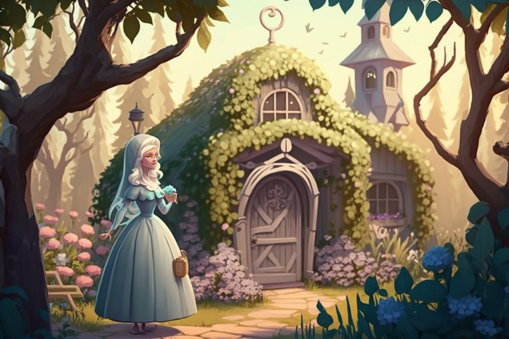 A fairy godmother in front of her magical house.
