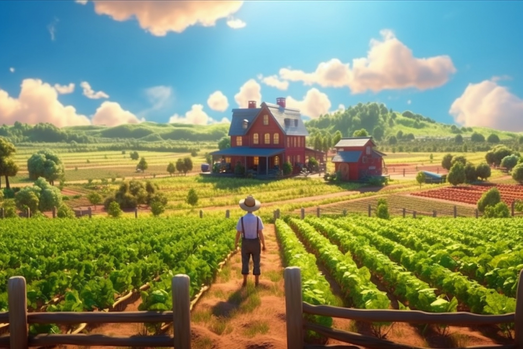 A cartoon farmer on his farm with many crops on the field.