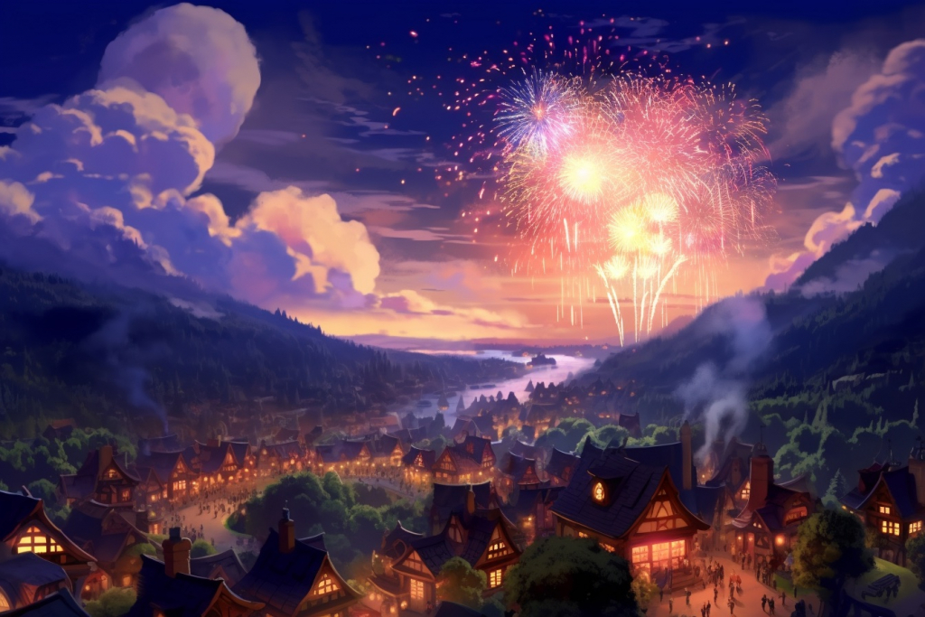 A beautiful fireworks above a village.