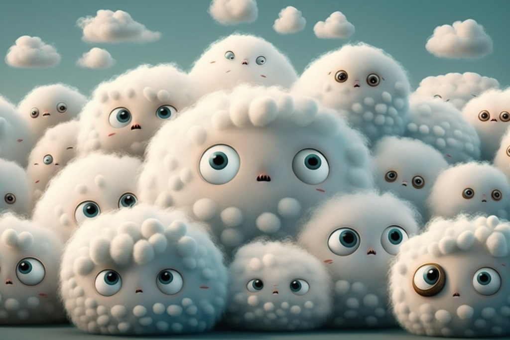 Fluffy shocked white clouds.