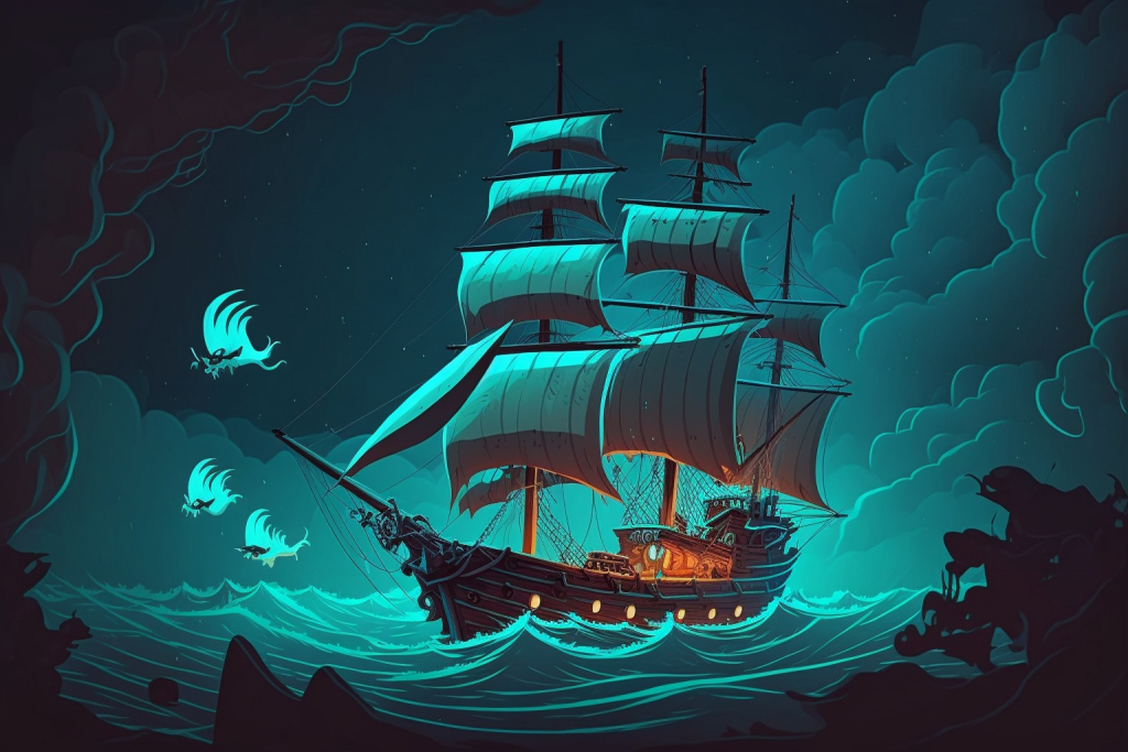 Flying ghost pirates above a sailing ship in a storm.