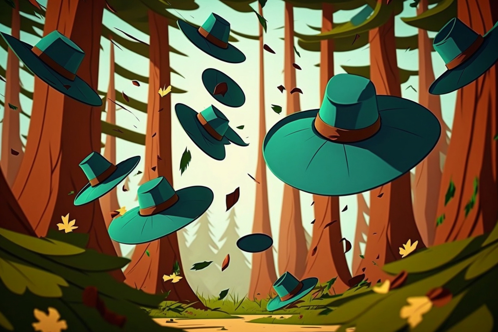 Flying hats in the forest.
