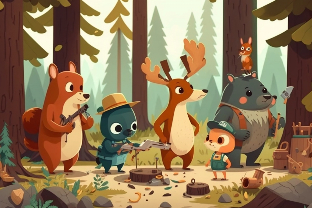 Forest animals with different tools repairing things in forest.