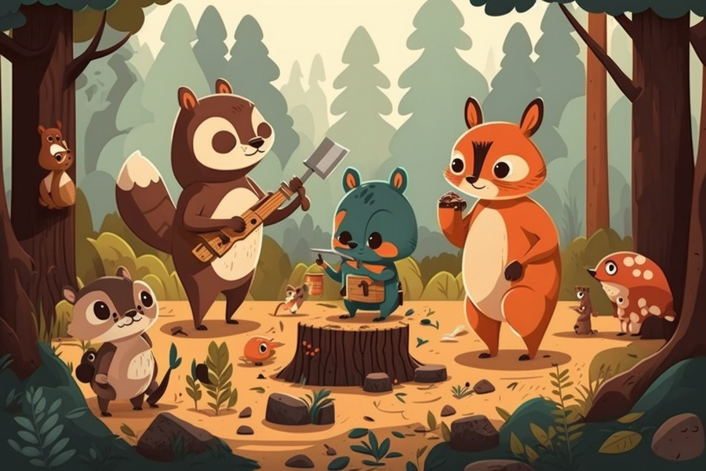 Forest animals with different tools repairing things in forest.