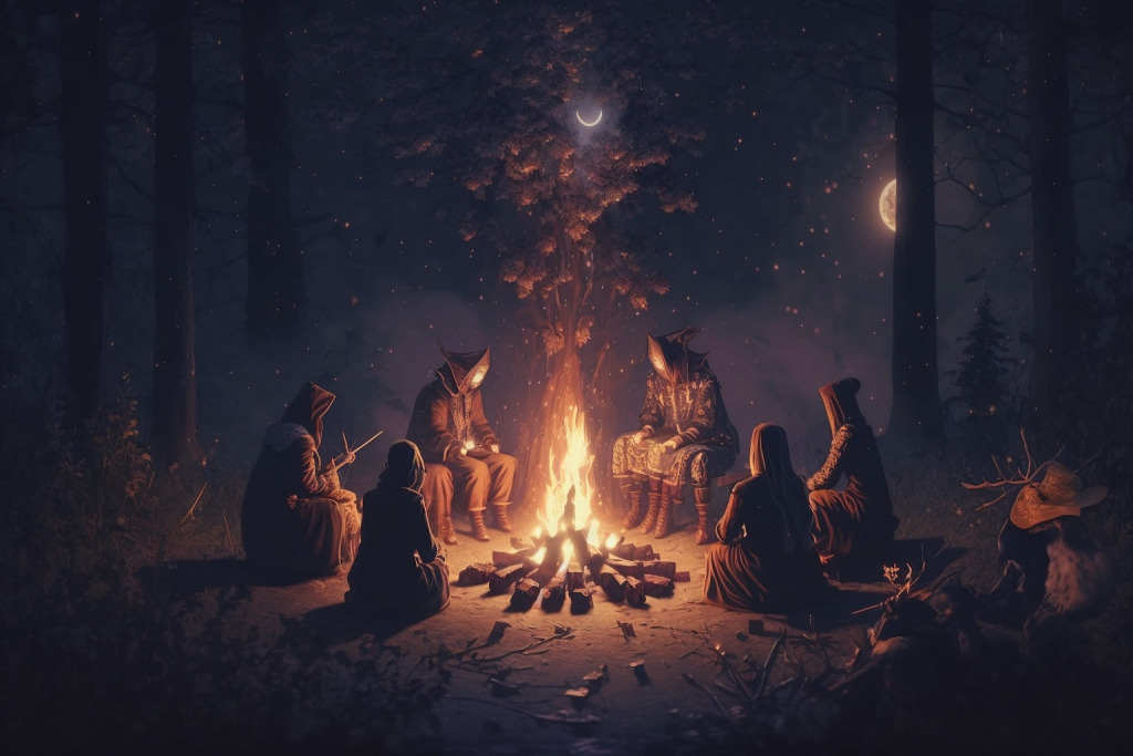 Witches and another magical creatures sitting by a bonfire.