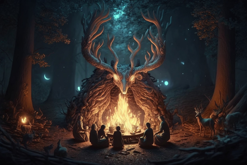 Magical creatures sitting by a fire in a forest during the night.