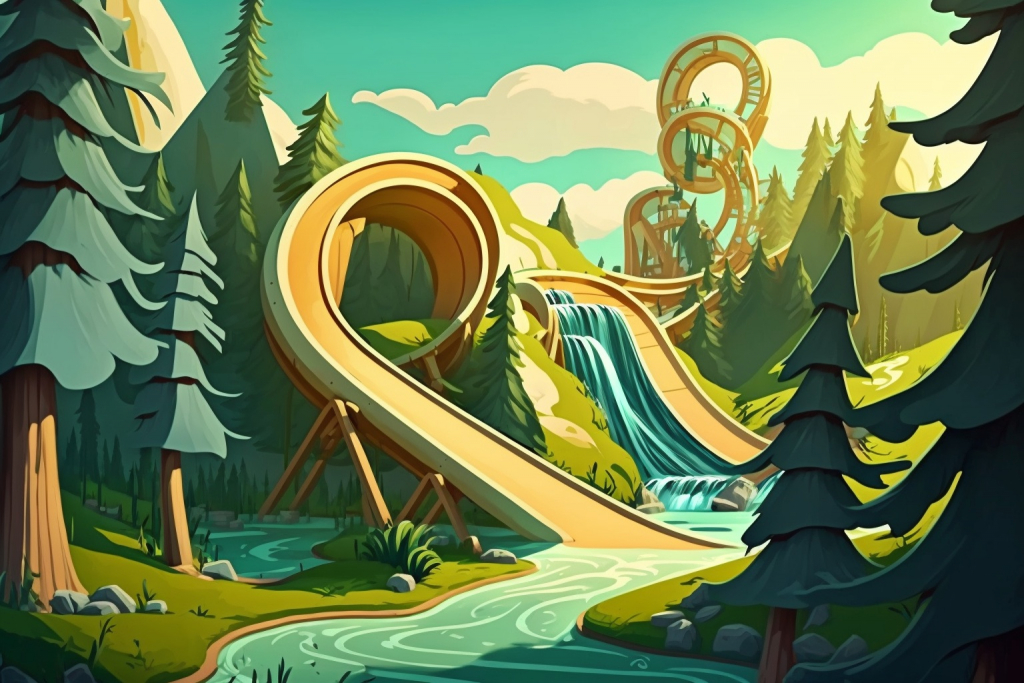 A giant water slide in a forest.