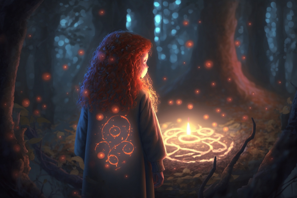 A young girl Freya with curly red hair standing in front of glowing runes in a forest ritual.