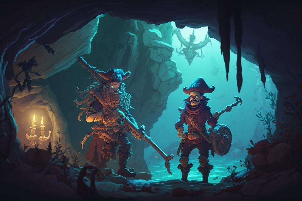 Ghost pirates in an underwater cavern.