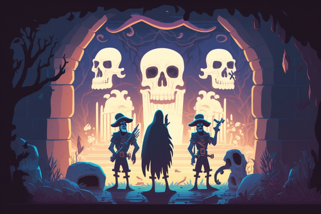 Cartoon ghost pirates guarding a tomb.